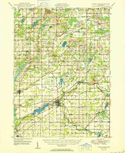 Union City, Michigan 1950 (1950) USGS Old Topo Map Reprint 15x15 MI Quad 278568