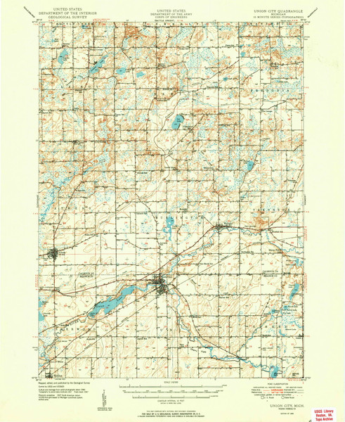 Union City, Michigan 1950 (1950) USGS Old Topo Map Reprint 15x15 MI Quad 278569