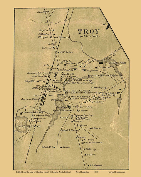 Troy Village, New Hampshire 1858 Old Town Map Custom Print - Cheshire Co. - Original Magnetic North Edition