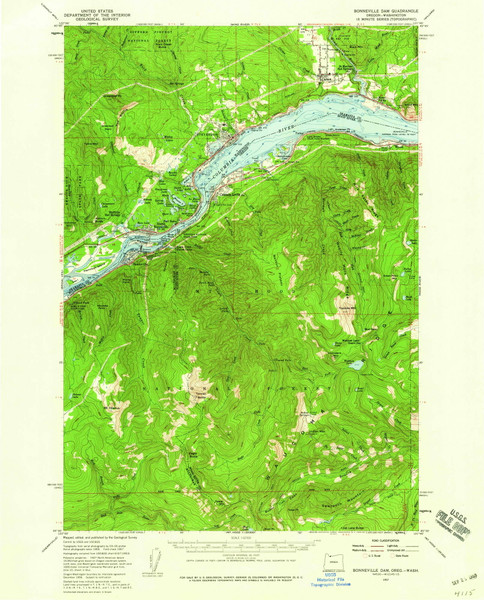 Bonneville Dam, Oregon 1957 (1959) USGS Old Topo Map Reprint 15x15 OR Quad 282267