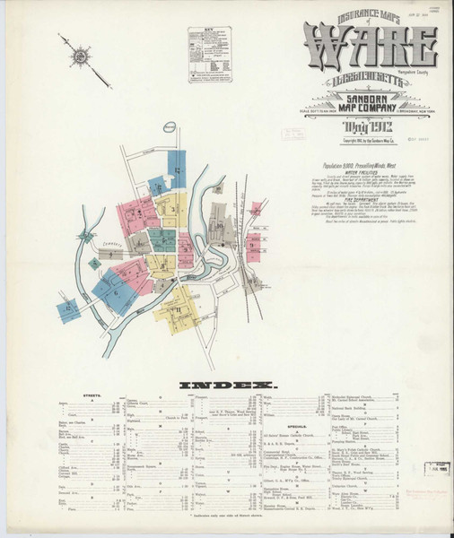 Ware Massachusetts 1912 - Fire Insurance Index - Old Map Reprint