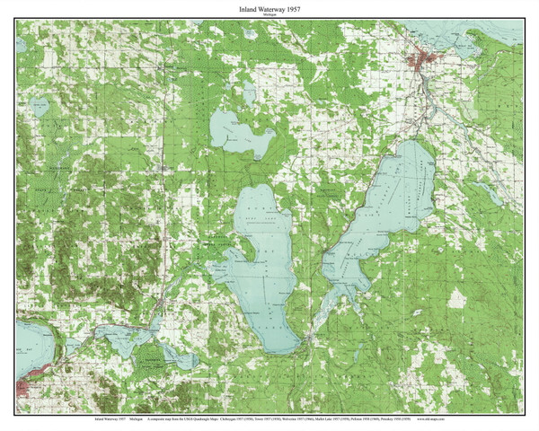Inland Waterway - Burt, Crooked, Douglas & Mullett/Mullet Lakes 1957 - Custom USGS Old Topo Map - Michigan 2