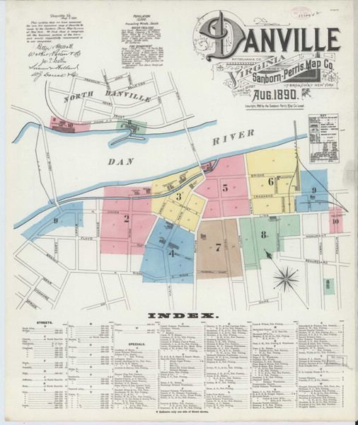 Danville Virginia 1890 - Fire Insurance Index - Old Map Reprint