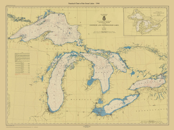 Great Lakes (3:4 Edit) 1944 - Old Map Reprint Nautical Chart Custom LS0