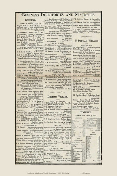 Business Directories and Statistics, Massachusetts 1858 Old Town Map Custom Print - Norfolk Co.