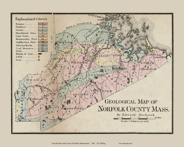Geological Map of Norfolk County, Massachusetts 1858 Old Town Map Custom Print - Norfolk Co.