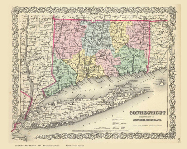 Connecticut with parts of NY and RI - 1856 Colton World Atlas