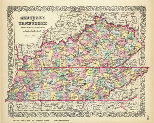 Kentucky and Tennessee - 1856 Colton World Atlas
