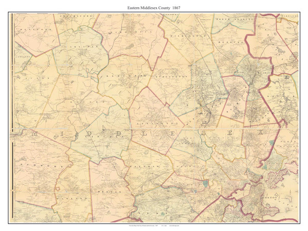 Eastern Middlesex County, Massachusetts 1867 Old County Map Custom Print - Boston Environs
