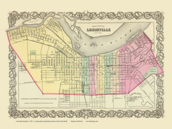 Louisville - 1856 Colton World Atlas Custom Print