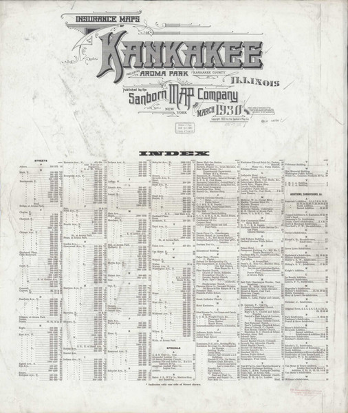 Kankakee Illinois 1930 - Fire Insurance Index - Old Map Reprint