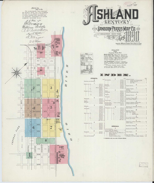 Ashland Kentucky 1890 - Fire Insurance Index - Old Map Reprint
