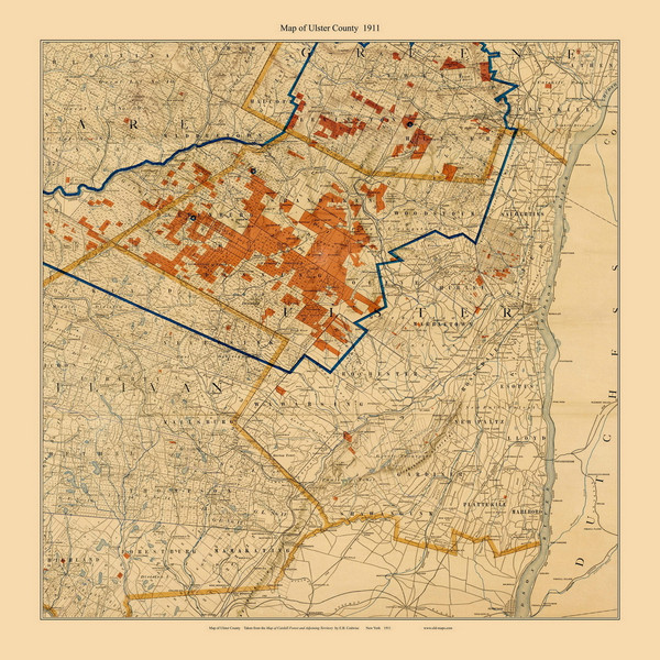Ulster County 1911 Custom - Catskills - Old Map Reprint - NY Regionals