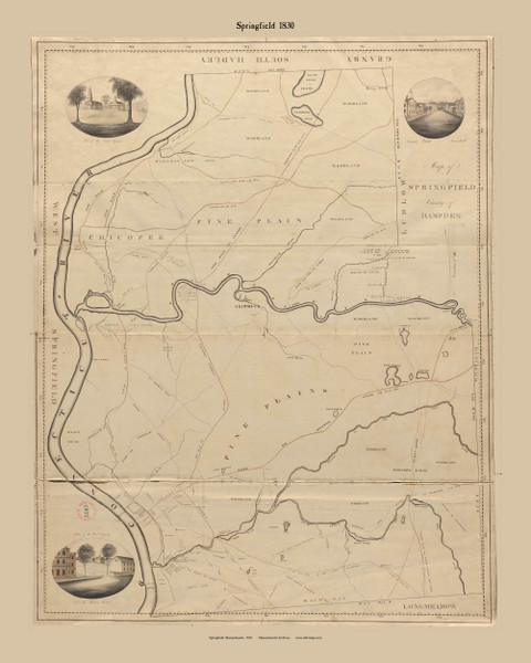 Springfield, Massachusetts 1830 Old Town Map Reprint - Roads Place Names Massachusetts Archives