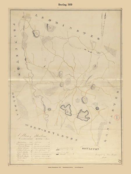 Sterling, Massachusetts 1830 Old Town Map Reprint - Roads Place Names Massachusetts Archives