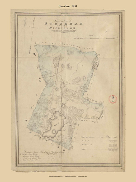 Stoneham, Massachusetts 1830 Old Town Map Reprint - Roads Place Names Massachusetts Archives