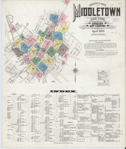 Middletown New York 1910 - Fire Insurance Index - Old Map Reprint