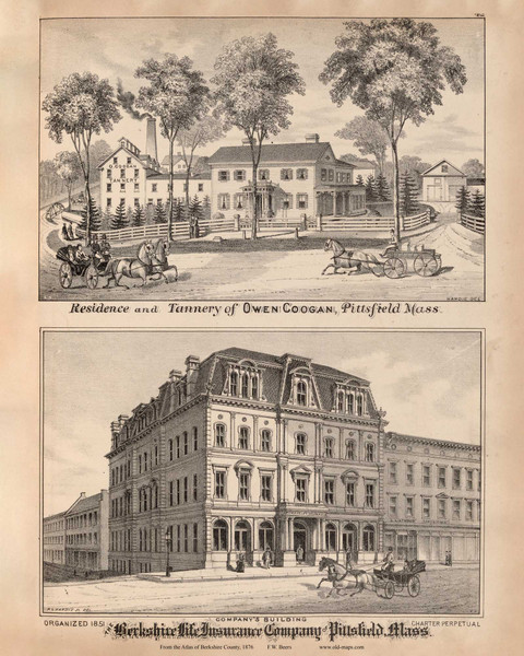 Residence and Tannery of Owen Coogan, Berkshire Life Insurance Company, Massachusetts 1876 Old Town Map Reprint - Berkshire Co. 37