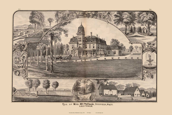 Residence of Mrs Wm. Pollock, Massachusetts 1876 Old Town Map Reprint - Berkshire Co. 53-54