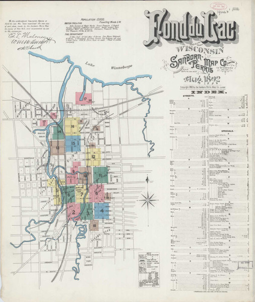 Fond Du Lac Wisconsin 1892 - Fire Insurance Index - Old Map Reprint