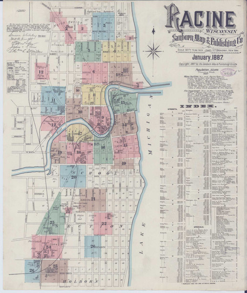 Racine Wisconsin 1887 - Fire Insurance Index - Old Map Reprint