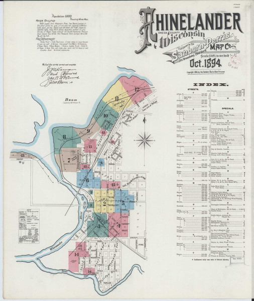Rhinelander Wisconsin 1894 - Fire Insurance Index - Old Map Reprint