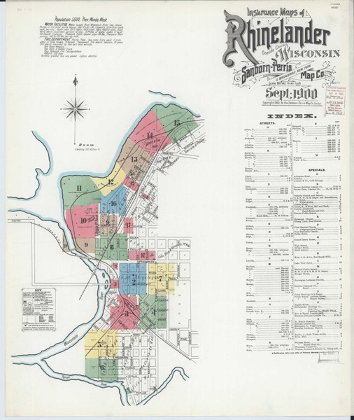 Rhinelander Wisconsin 1900 - Fire Insurance Index - Old Map Reprint