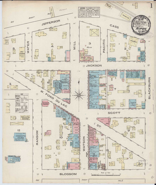 Ripon Wisconsin 1884 - Fire Insurance Index - Old Map Reprint