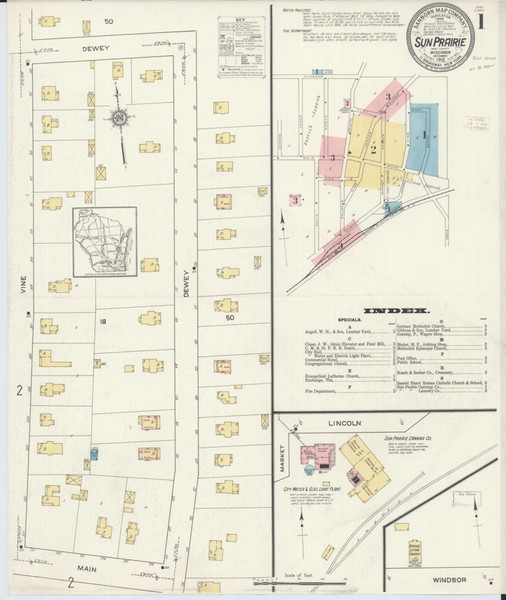 Sun Prairie Wisconsin 1912 - Fire Insurance Index - Old Map Reprint
