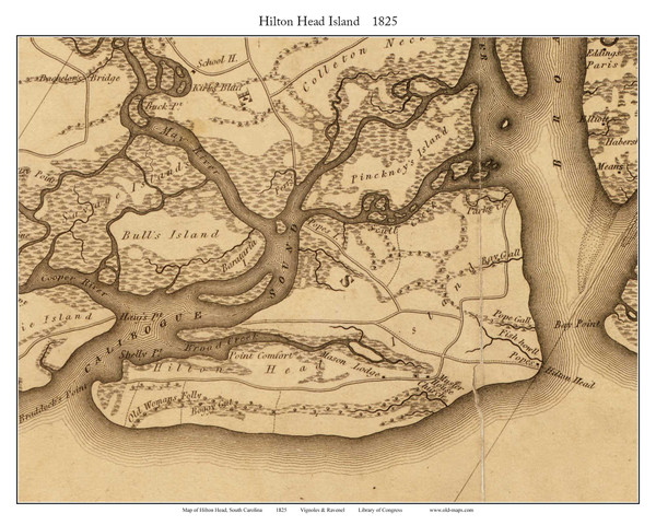 Hilton Head Island, 1825 South Carolina - Old Map Custom Reprint - Beaufort District - Mills Atlas LC