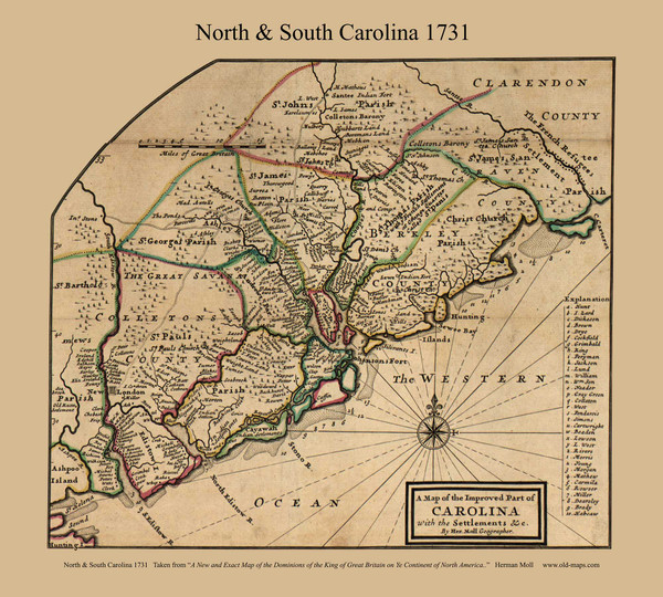 North & South Carolina, 1731 Moll Map of New England Excerpts