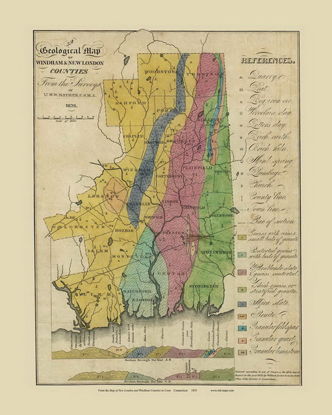 Geological Map of New London & Windham Counties Connecticut 1833 Old Map Custom Print - New London & Windham Cos.
