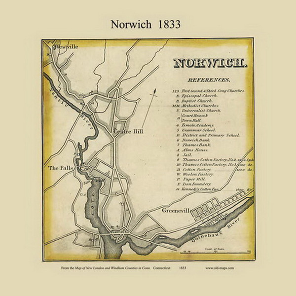 Norwich Village Connecticut 1833 Old Map Custom Print - New London Co.