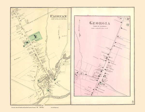 Fairfax & Georgia Villages, Vermont 1871 Old Town Map Reprint - Franklin Co.