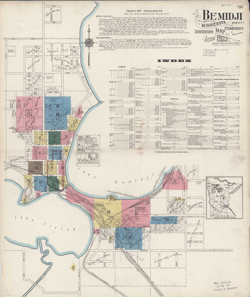 Bemidji Minnesota 1922 - Fire Insurance Index - Old Map Reprint