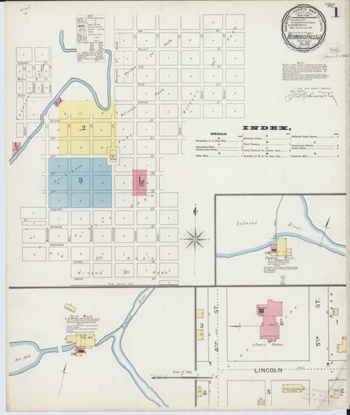 Redwood Falls Minnesota 1893 - Fire Insurance Index - Old Map Reprint