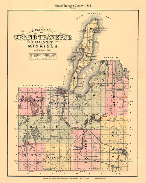 Grand Traverse County - Custom, Michigan 1881 Old Map Print - Grand Traverse Co. 06-07