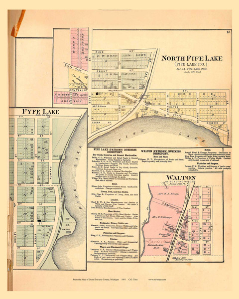 North Fife Lake, Fyfe Lake & Walton Villages, Michigan 1881 Old Town Map Print - Grand Traverse Co. 13