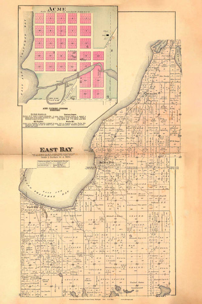 East Bay, Michigan 1881 Old Town Map Print - Grand Traverse Co. 26-27