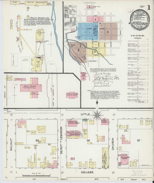 Murfreesboro Tennessee 1891 - Fire Insurance Index - Old Map Reprint