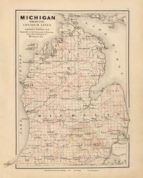 Michigan - Contour Lines 11, Michigan 1873 Old Map Reprint - Walling State Atlas