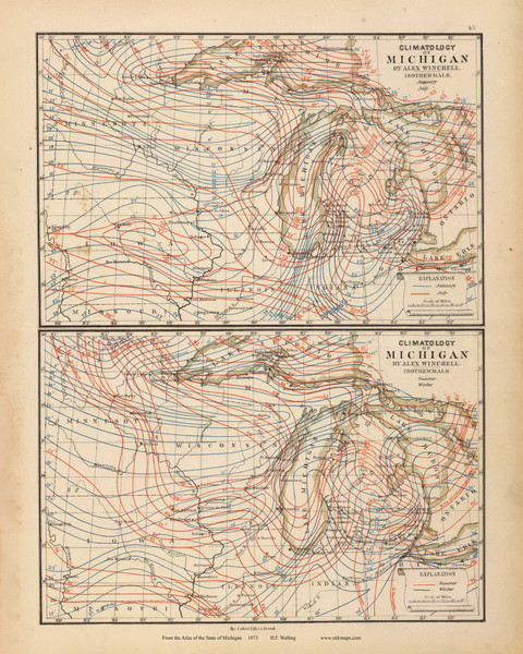 Michigan - Climatology Summer/Winter 45, Michigan 1873 Old Map Reprint - Walling State Atlas