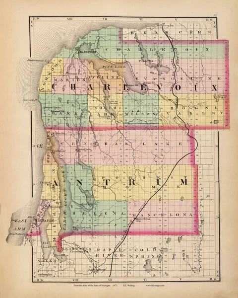 Charlevoix & Antrim 57, Michigan 1873 Old Map Reprint - Walling State Atlas