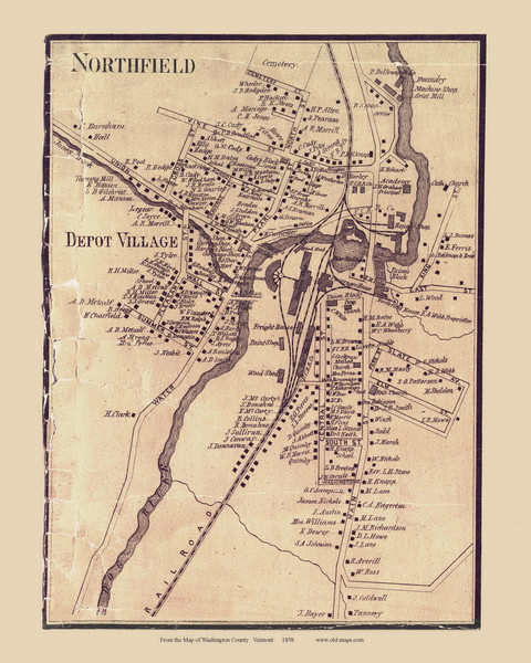 Depot Village, Northfield, Vermont 1858 Old Town Map Custom Print - Washington Co.