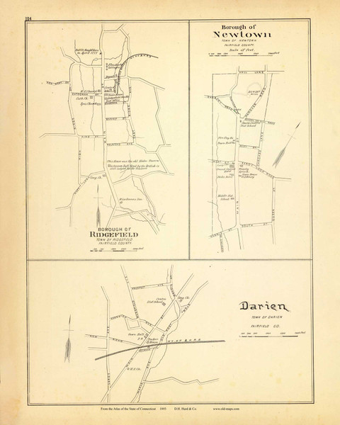 Ridgefield, Newtown & Darien Vilages 124, Connecticut 1893 Old Map Reprint - Hurd State Atlas