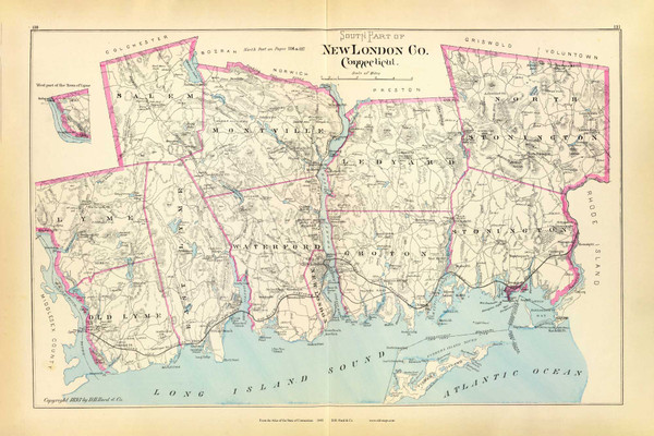 South Part of New London Co. 130-131, Connecticut 1893 Old Map Reprint - Hurd State Atlas