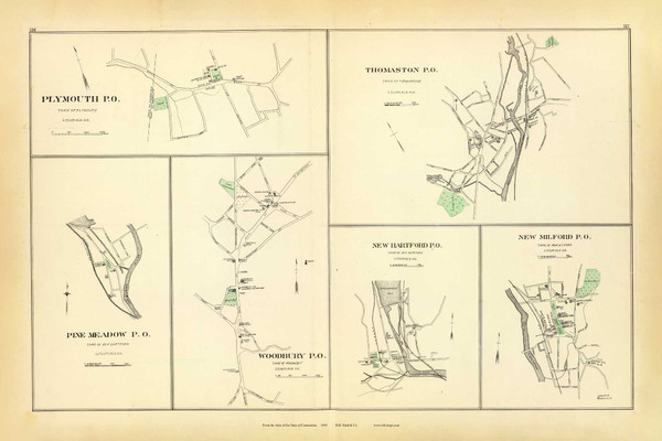 Plymouth P.O., Thomaston P.O., Pine Meadow P.O., Woodbury P.O., New Hartford P.O., New Milford P.O. 156-157, Connecticut 1893 Old Map Reprint - Hurd State Atlas