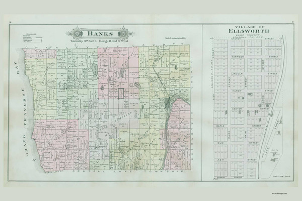 Banks and Ellsworth Village, Michigan 1897 Old Map Print - Antrim Co. 16-17