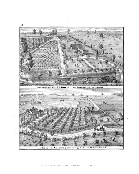 Farm Residence of Shuman, Etc., Michigan 1876 Old Map Print - Kent Co. 18