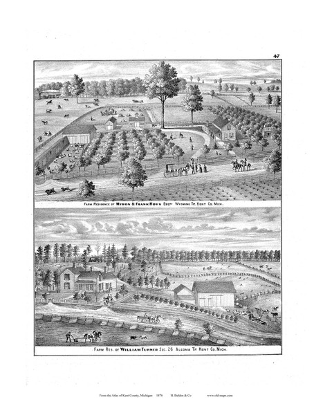 Farm Residence of Roys, Etc., Michigan 1876 Old Map Print - Kent Co. 47